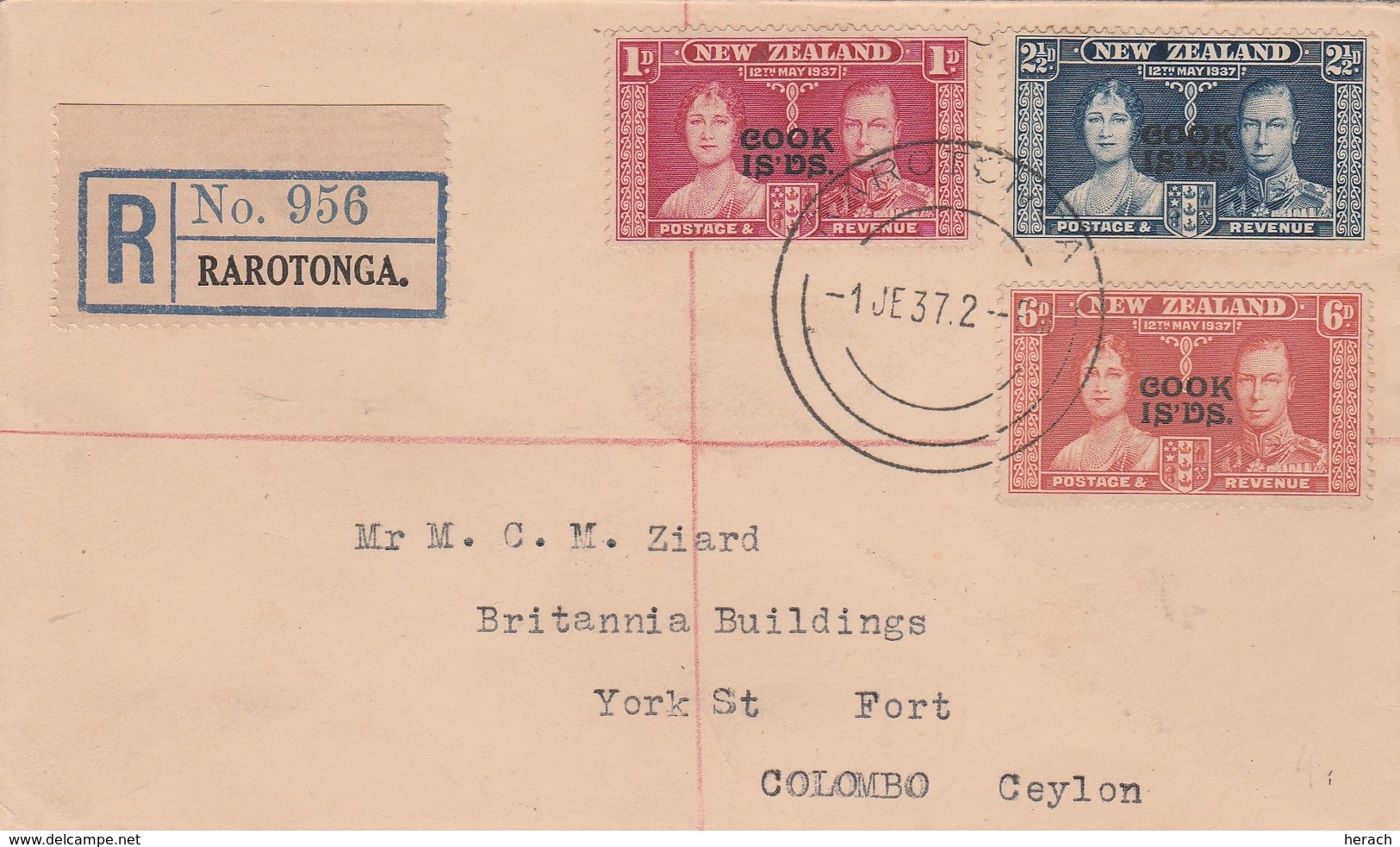 Nelle Zélande Lettre Recommandée Pour Ceylan 1937 - Cartas & Documentos