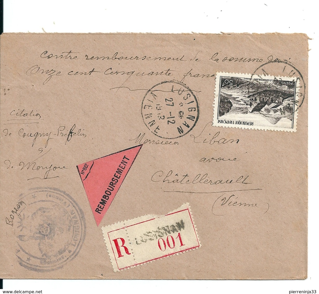 Lettre Recommandée Lusignan + Remboursement Avec 50f Gerbier De Jonc , 1949 - Lettres & Documents