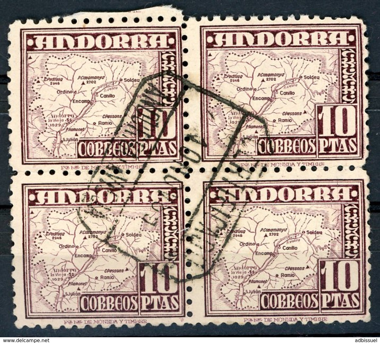 Andorra N° 51. Raro Bloque Se-tenant De 4 Sellos Con Matasellos Certificado (Bloc De 4 Rare Avec Cachet Recommandé). - Used Stamps