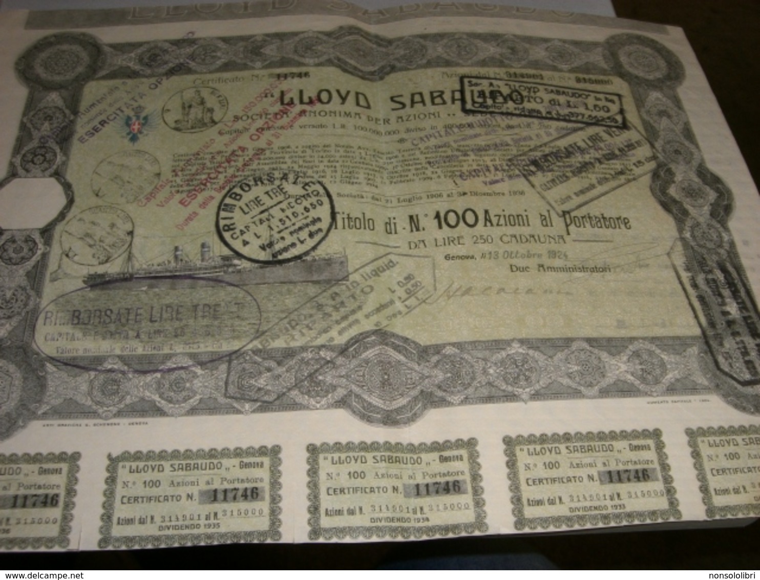 AZIONE LLOYD SABAUDO -TITOLO DI 100 AZIONI DA 250LIRE  1924 - Banca & Assicurazione