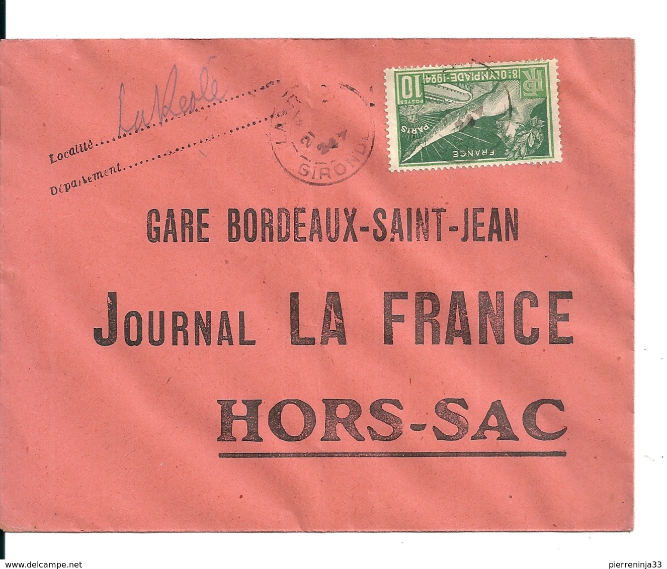 Lettre Hors Sac / Journal La France / Gare Bordeaux St Jean Avec Timbre Jeux Olympiques 1924 - Covers & Documents