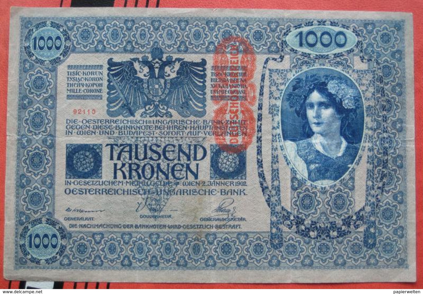 1000 Kronen 2.1.1902 (WPM 59) - Overprint / Überdruck "Deutschösterreich" - Austria