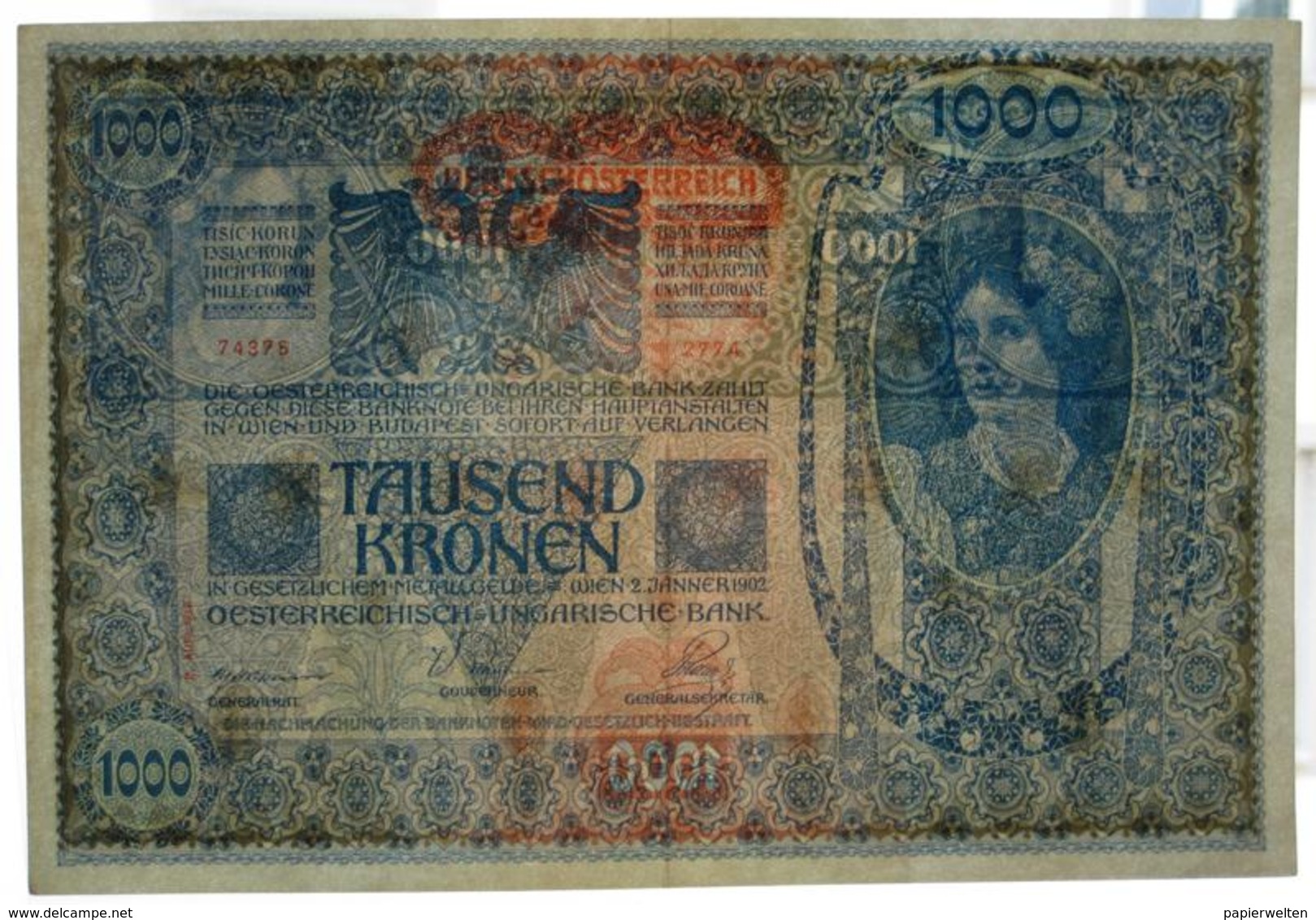 1000 Kronen 2.1.1902 (WPM 61) - Overprint / Überdruck "Deutschösterreich" "II. Auflage" - Austria