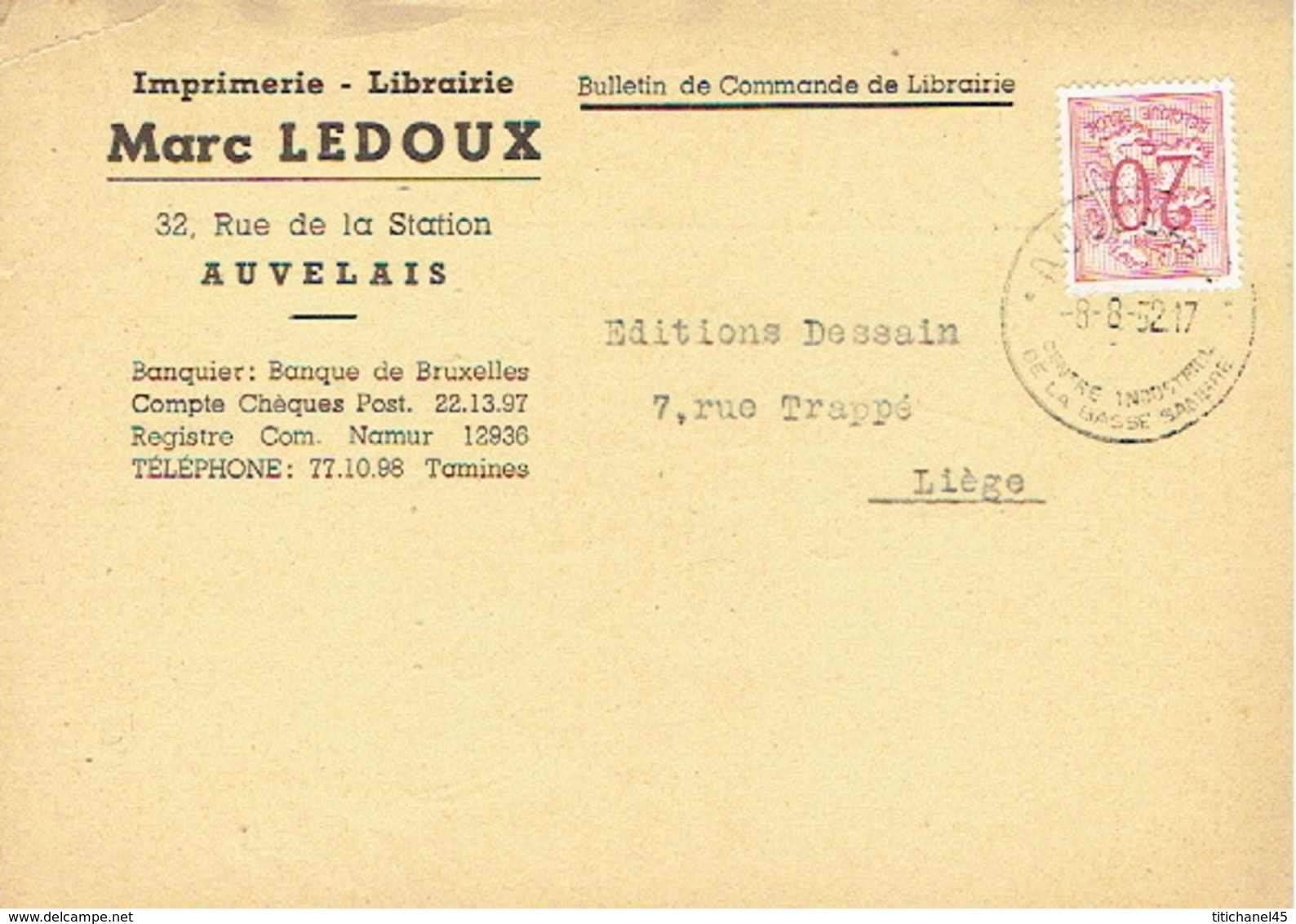 CP Publicitaire AUVELAIS 1952 - Marc LEDOUX  - Imprimerie - Librairie - Sambreville