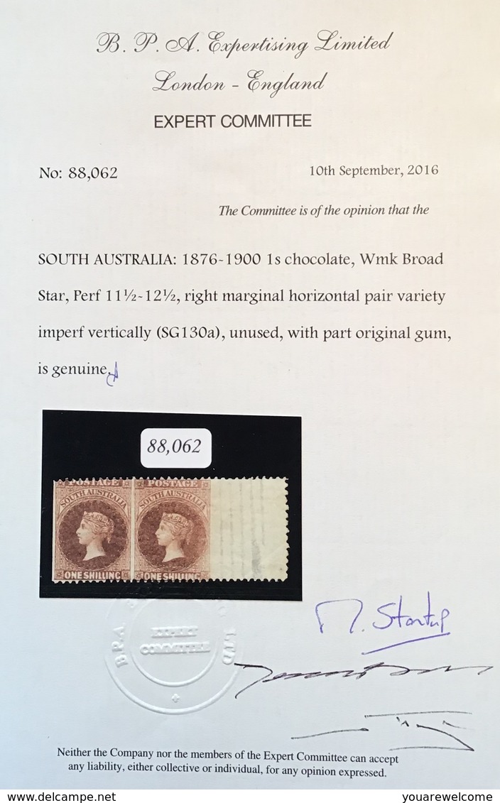 South Australia 1876-1900 1s IMPERF VERTICALLY SG 130a Mint RARE, VF, Cert. BPA - Mint Stamps