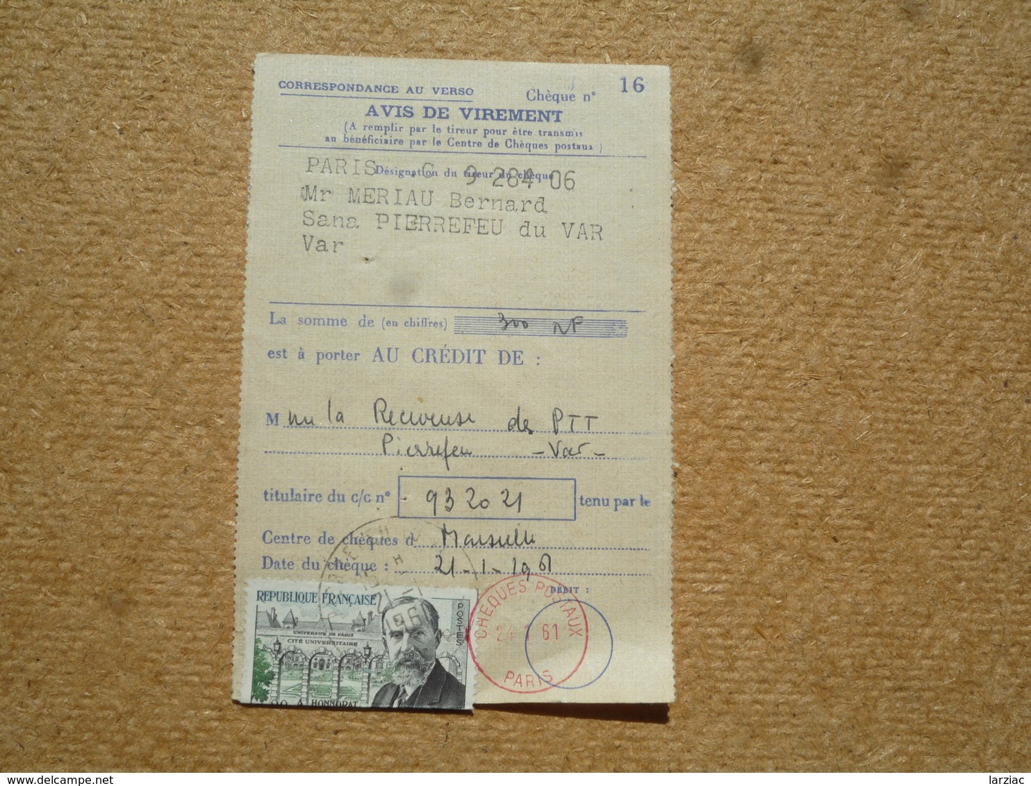 N°1277 Seul Sur Avis De Virement Chèques Postaux  Oblitération Pierrefeu Du Var 1961 - Autres & Non Classés