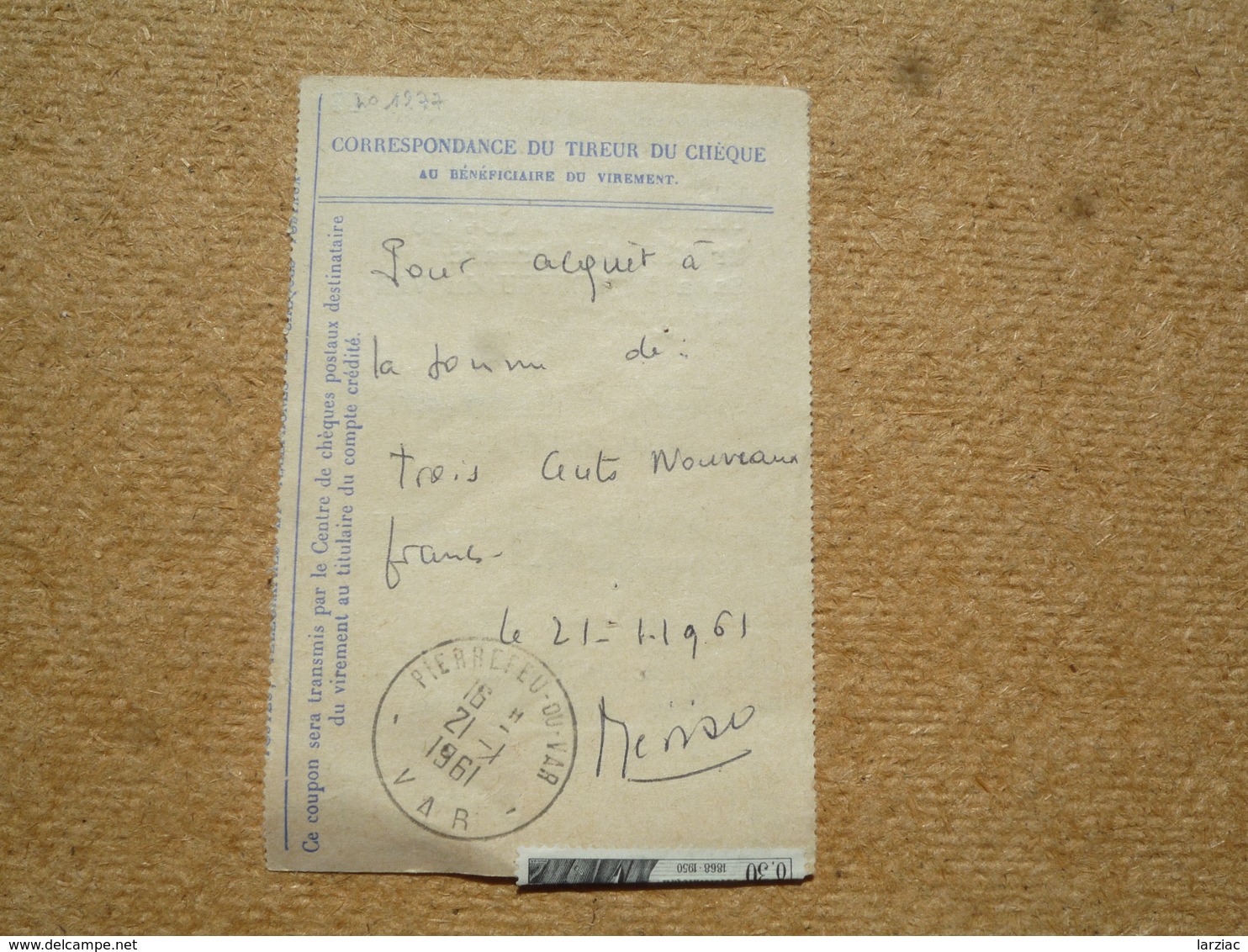 N°1277 Seul Sur Avis De Virement Chèques Postaux  Oblitération Pierrefeu Du Var 1961 - Other & Unclassified