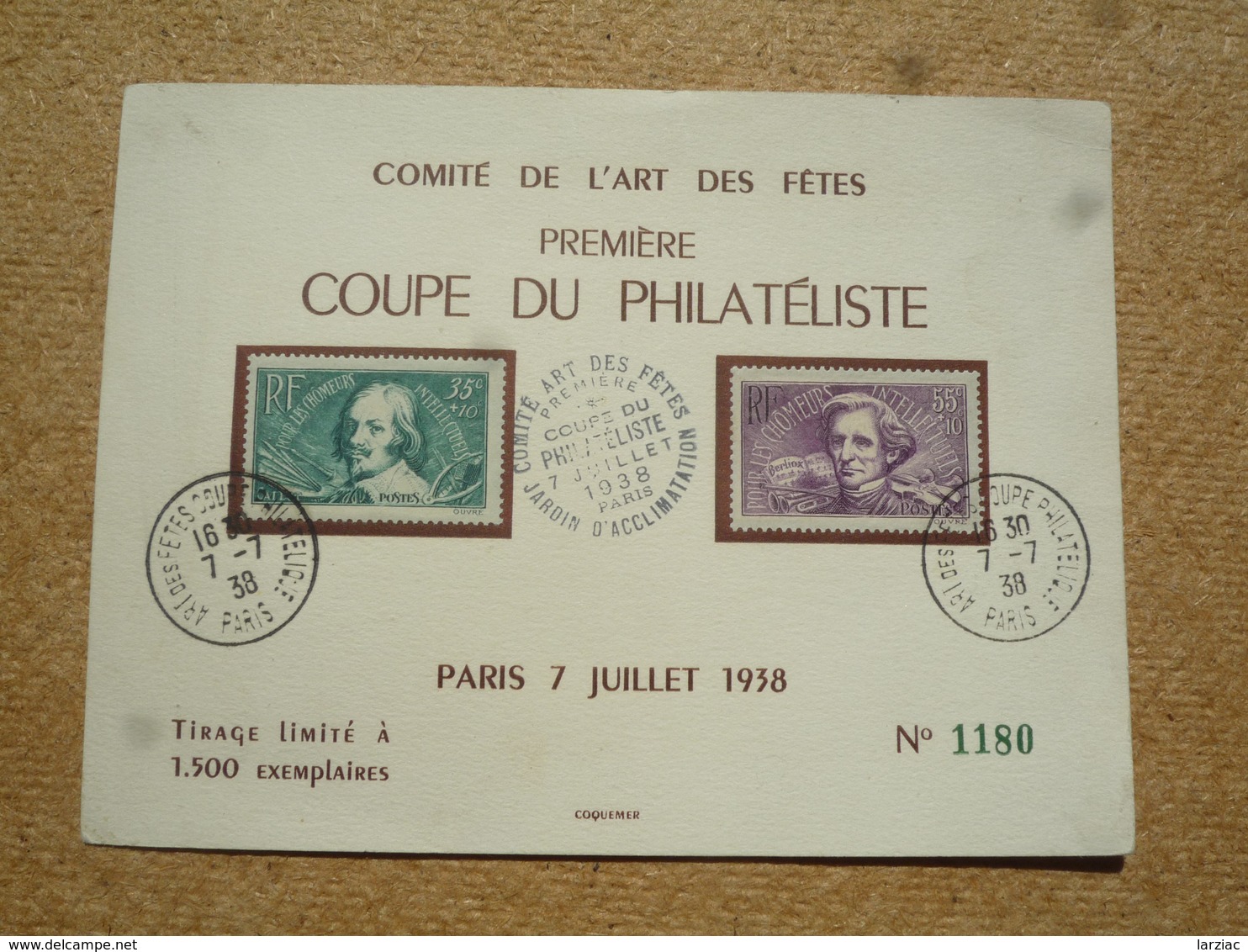 Souvenir Philatélique Numéroté Coupe Du Philatéliste Comité De L'art Des Fêtes Paris 1938 - Cachets Commémoratifs