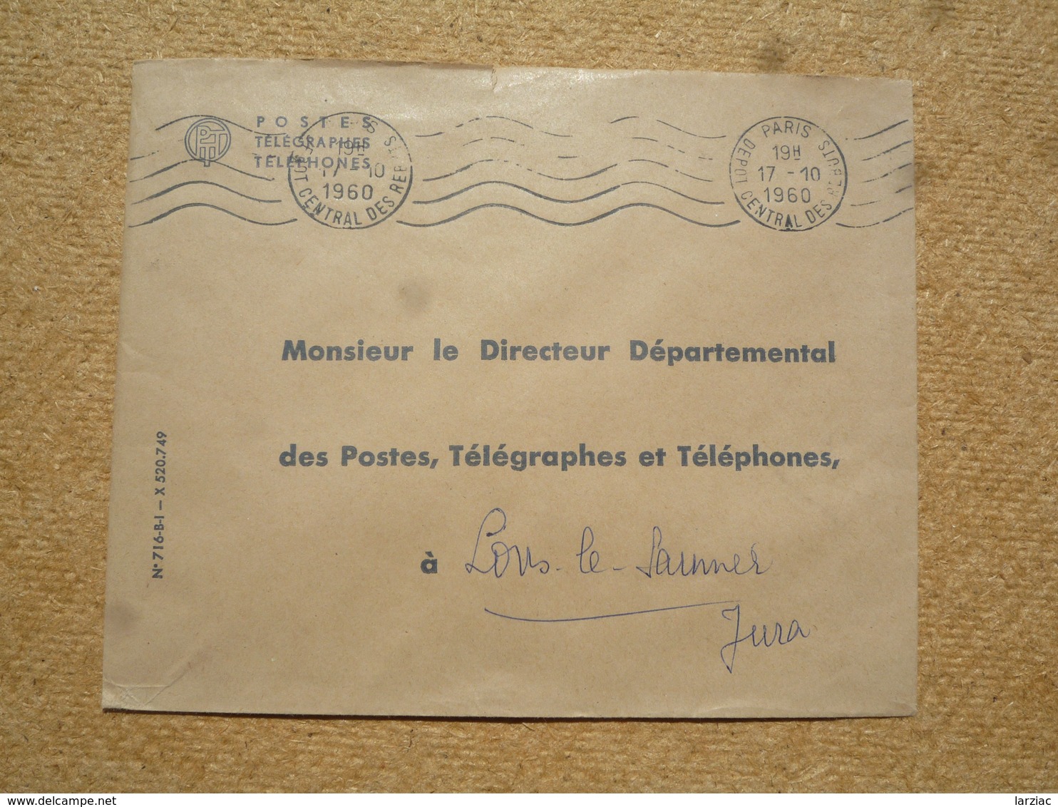 Enveloppe PTT Pour Lons Le Saunier Oblitération Paris Dépôt Central Des Rebuts 1960 - 1921-1960: Période Moderne