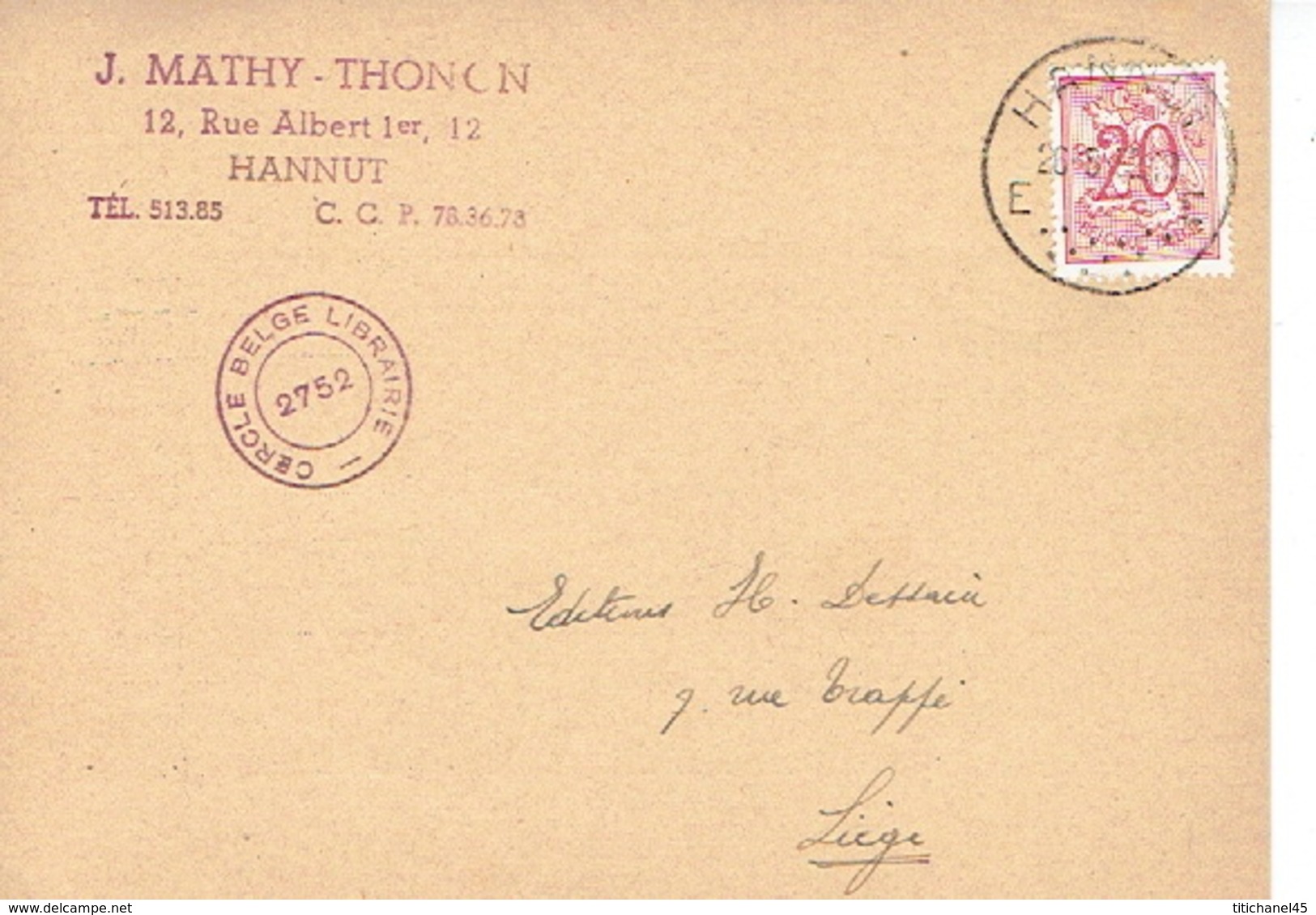 CP Publicitaire HANNUT 1952 - J. MATHY - THONON -  Librairie - Hannut