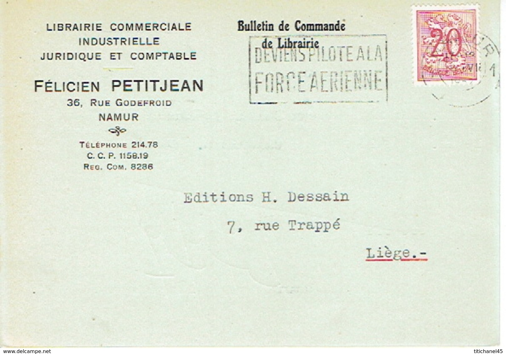 CP Publicitaire NAMUR 1952- Félicien PETITJEAN - Librairie Commerciale, Industrielle, Juridique Et Comptable - Jemeppe-sur-Sambre