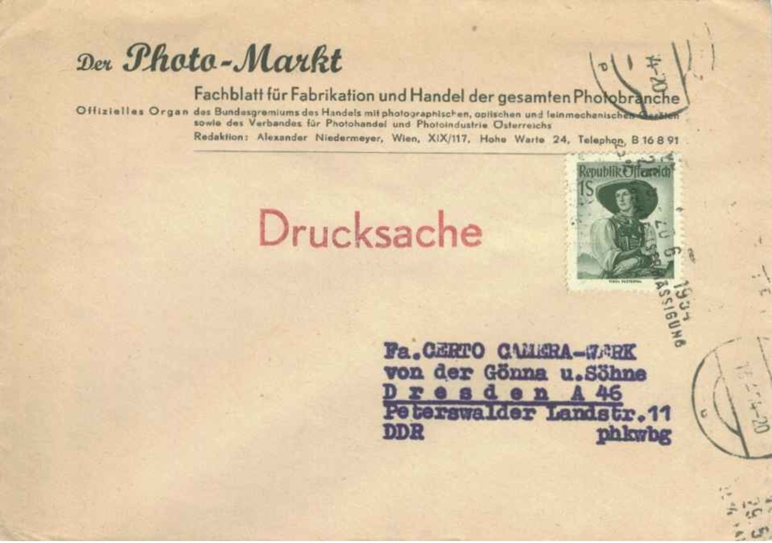 1S Puster Valley Costume 1954 Wien Fahrpreisermassigung Partially Readable Slogan Printed Matter To Dresden, Germa... - Briefe U. Dokumente