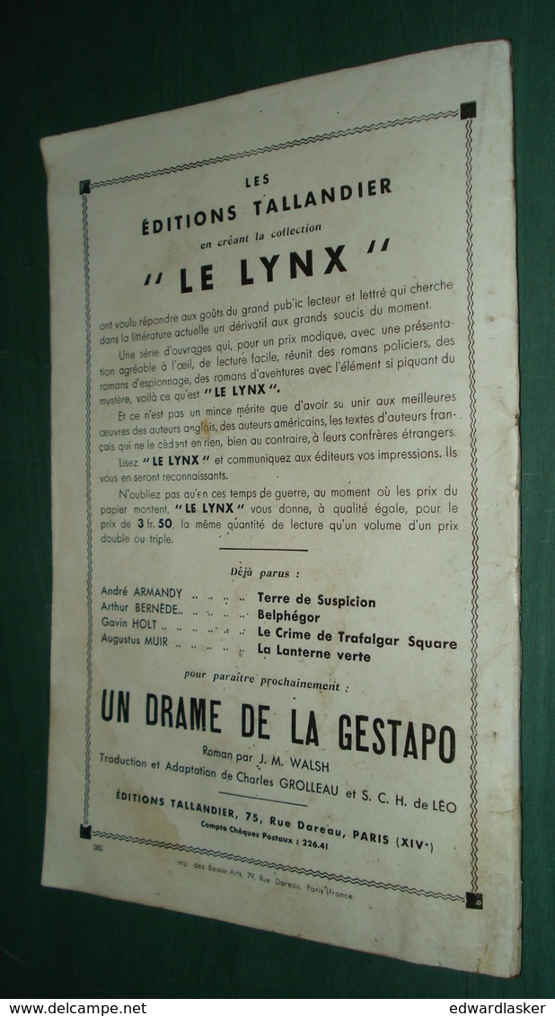 Coll. Le LYNX N°3 : La LANTERNE VERTE //Augustus MUIR - Fascicule Tallandier - Couv. Ill. M. Toussaint - Autres & Non Classés