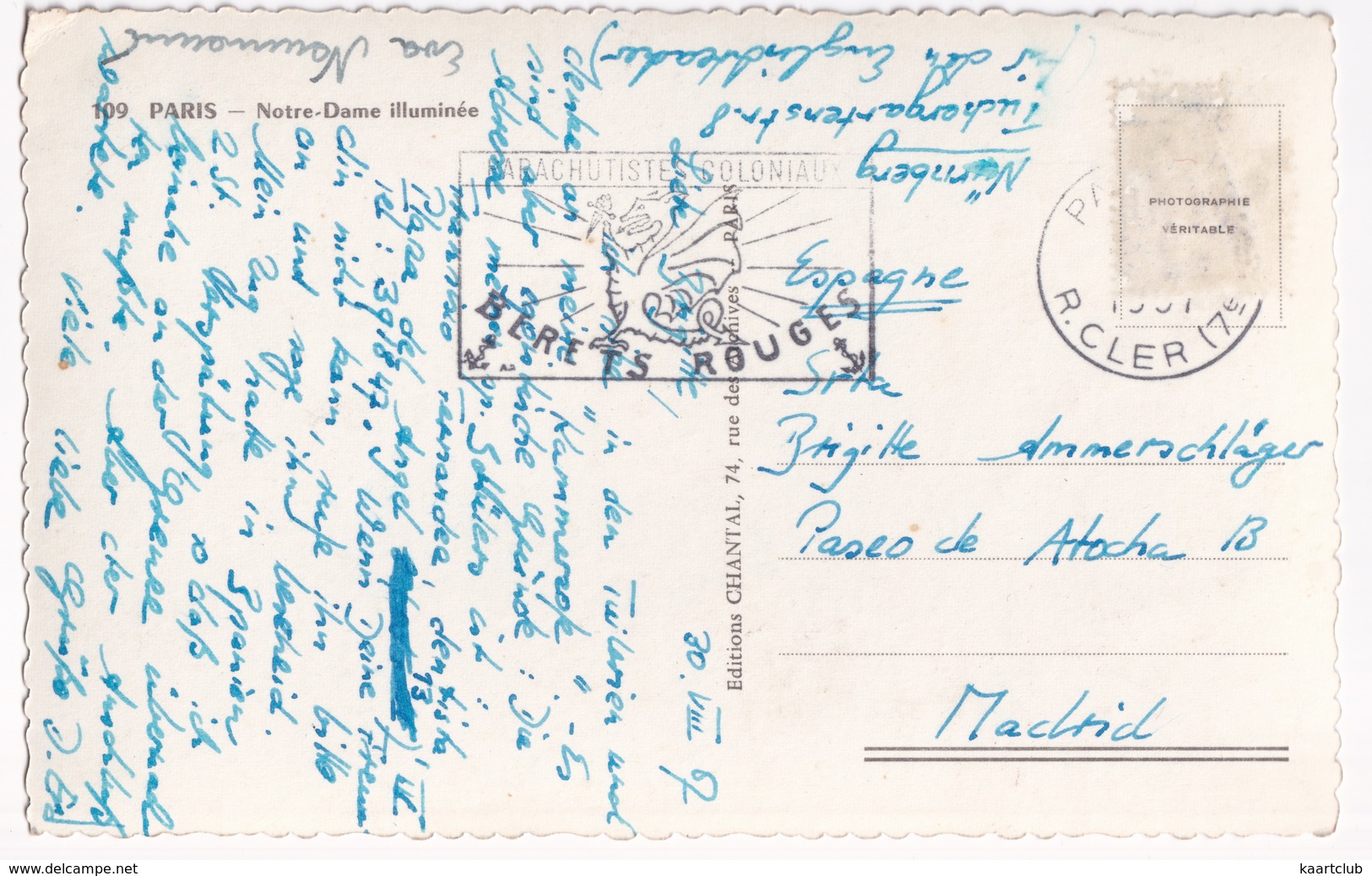 109 Paris - Notre-Dame Illuminée - (Postmark: 'Beret's Rouges'- 'Parachutistes Coloniaux') - 1957 - Notre Dame Von Paris