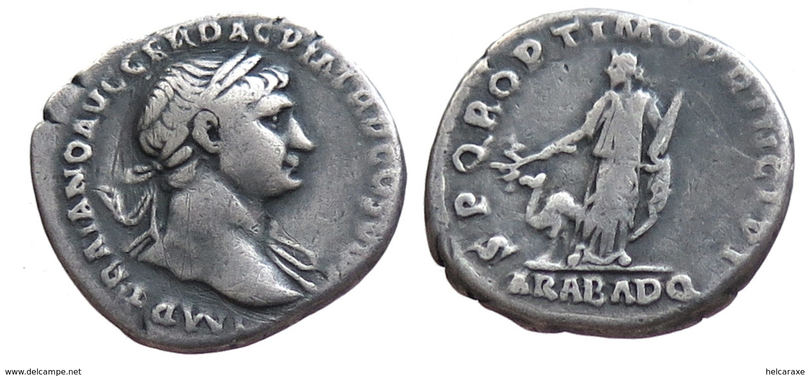 [H] +++ AR Denarius / Denier - TRAJAN -- RIC 245 -- Arabia Type With Camel -- SCARCE +++ - The Anthonines (96 AD Tot 192 AD)