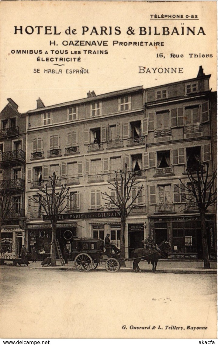 CPA BAYONNE Hotel De PARIS Et BILBAINA 15, Rue De Thiers (860638) - Bayonne