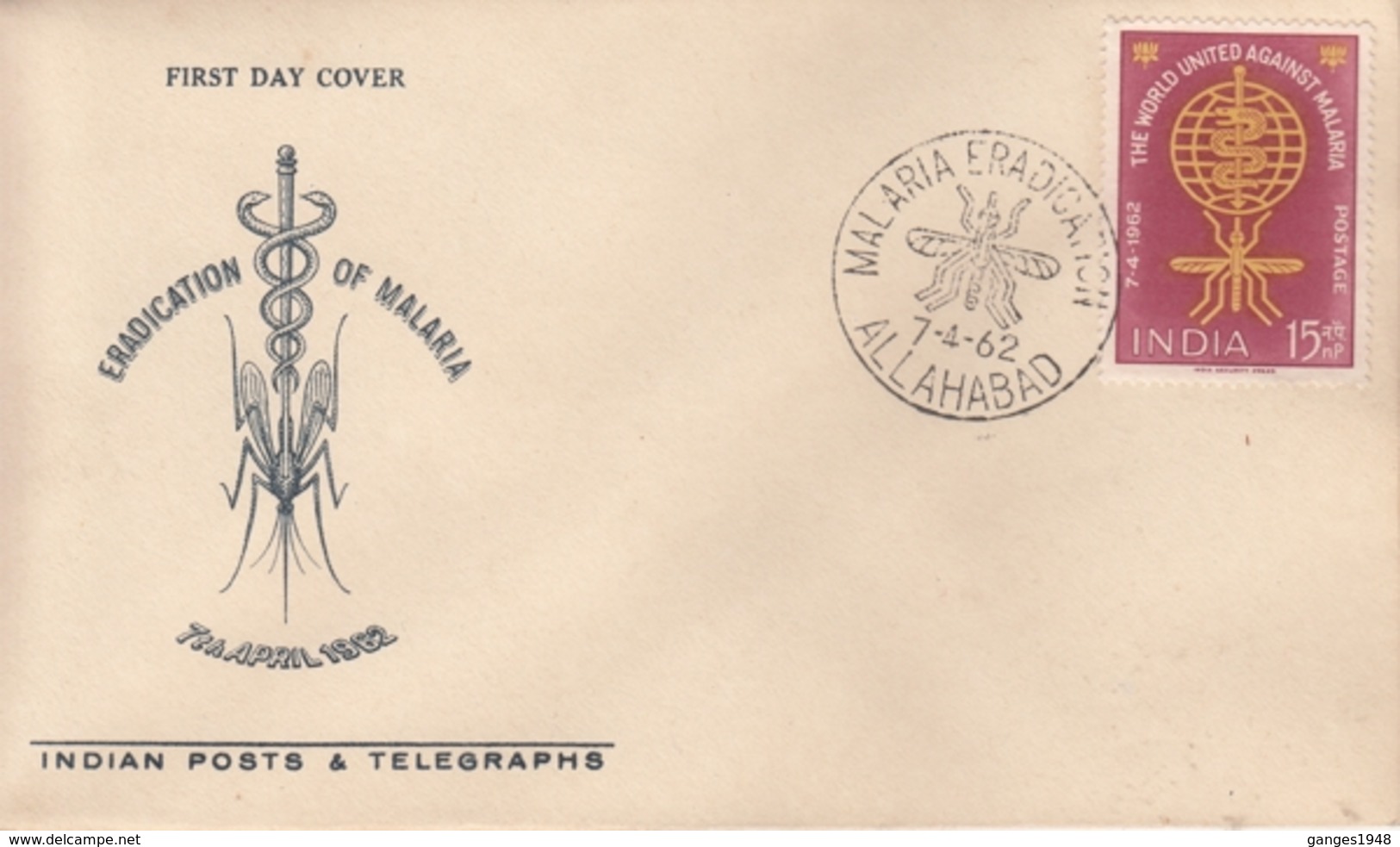 India 1962  Malaria Eradication  Insect  Allahabad  FDC  # 18739   D  Inde Indien - Disease