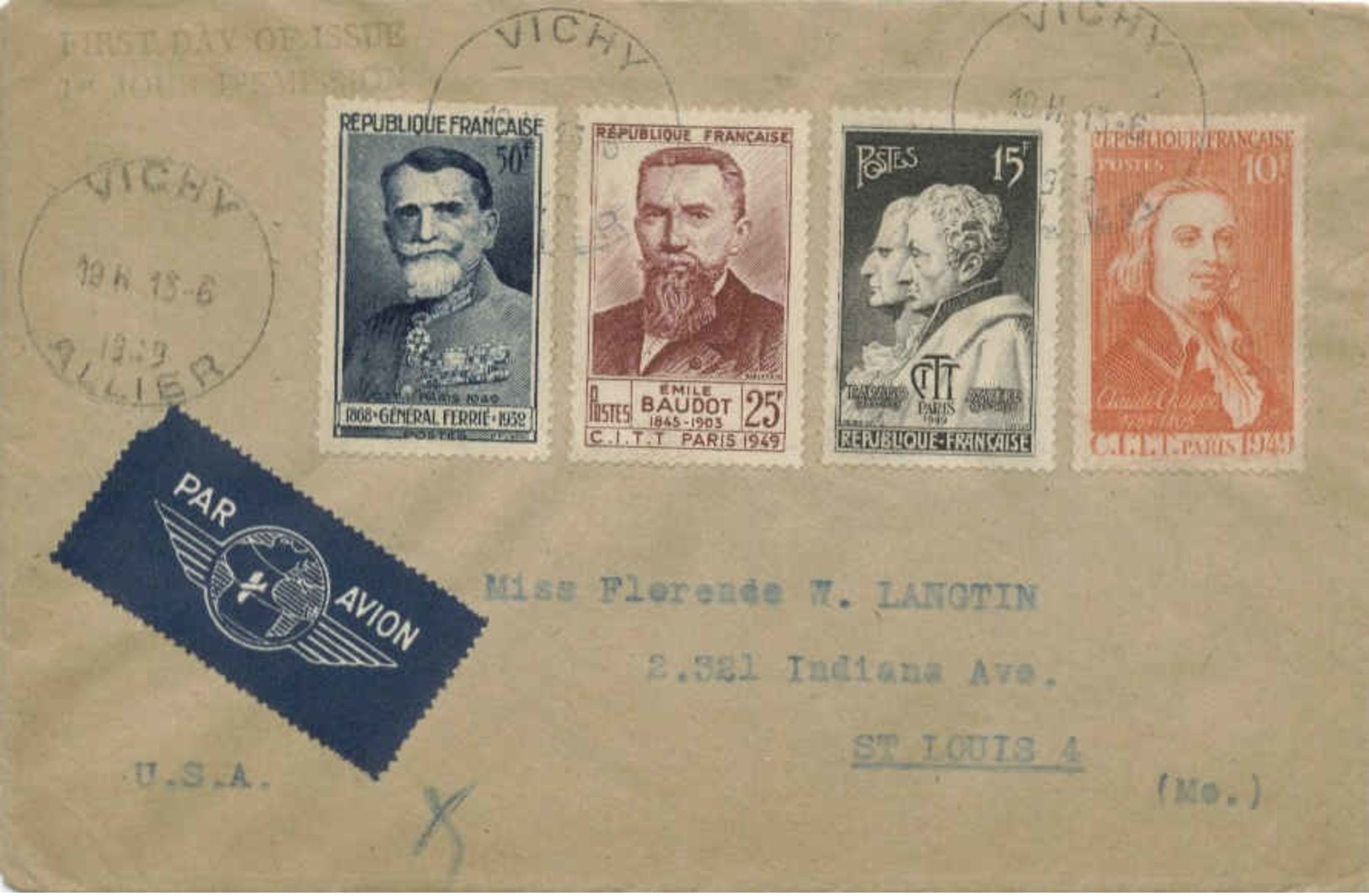 10F, 15F, 25F And 50F Int'l. Telephone And Telegraph Conference 1949 Vichy, Allier Airmail To St. Louis, Mo. - Covers & Documents