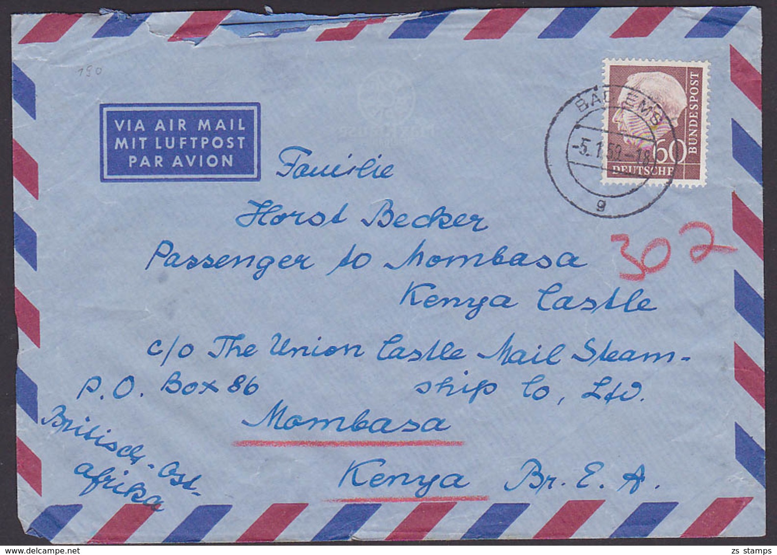 Theodor Heuss 60 Pfg.  MiNr. 190, Auslands-Lp-Brief Mombasa Kenia Aus Bad Ems 5.1.59 - Cartas & Documentos