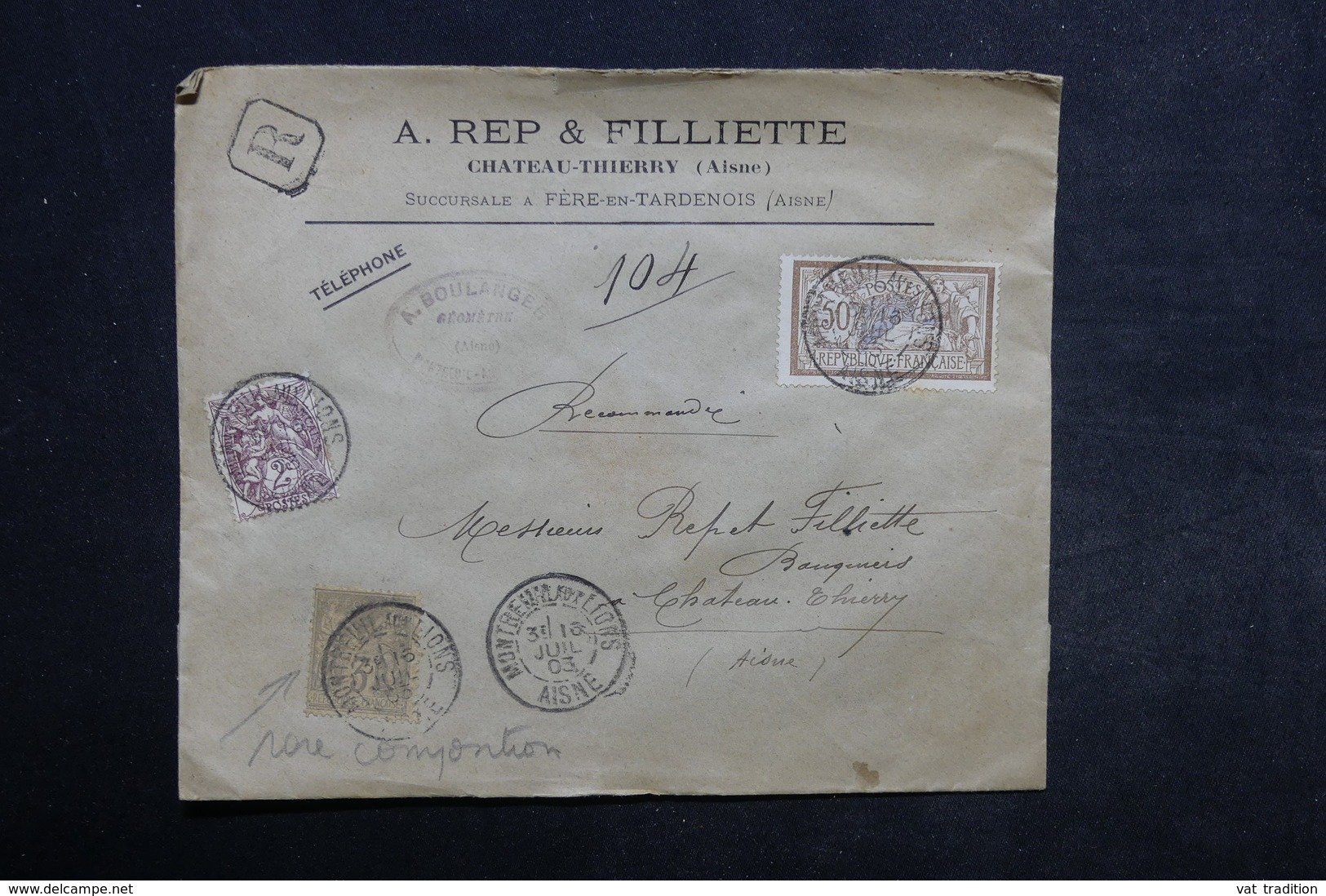 FRANCE - Enveloppe Commerciale En Recommandé De Montreuil Aux Lions Pour Château Thierry En 1903 - L 34174 - 1877-1920: Période Semi Moderne