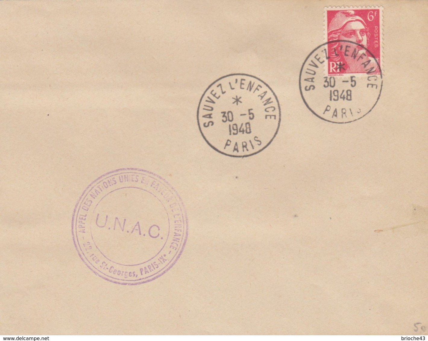 FRANCE - LETTRE  CACHET COMMÉMORATIF SAUVEZ L'ENFANCE U.N.A.C. PARIS 30.5.1948 -  Yv N°721 SEUL  /2 - Commemorative Postmarks