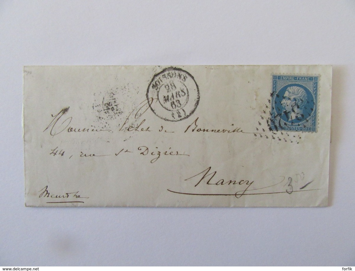 Lettre Soissons Vers Nancy - Timbre Napoléon 20c YT N°22  - Ob GC 3420 + Ambulant Jour Et Nuit - 1863 - 1849-1876: Periodo Clásico