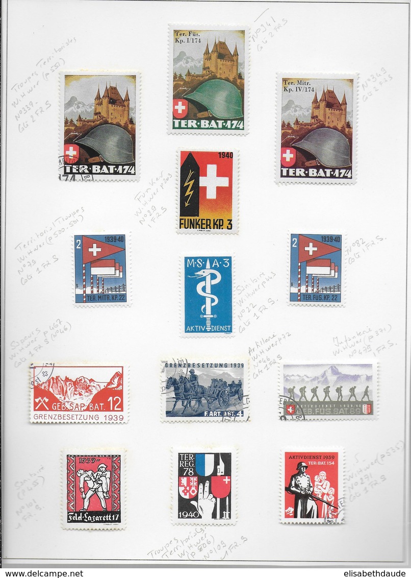 SUISSE - 1939/45 - SUPERBE ENSEMBLE de 155 VIGNETTES DIFFERENTES sur 13 FEUILLES D'ALBUM - */OB