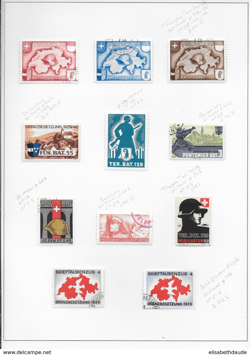 SUISSE - 1939/45 - SUPERBE ENSEMBLE de 155 VIGNETTES DIFFERENTES sur 13 FEUILLES D'ALBUM - */OB