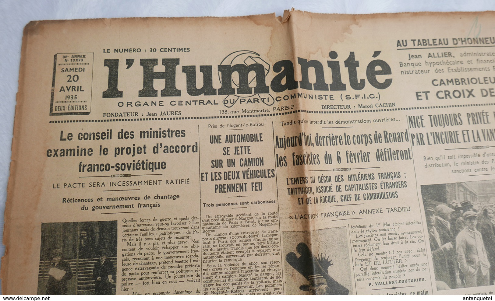Journal Ancien—l'Humanité 20 Avril 1935—N° 13.273—6 Pages—Fondateur Jean Jaurès - Autres & Non Classés