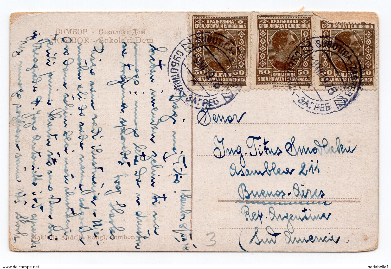 1928 YUGOSLAVIA, SERBIA, SOMBOR TO BUENOS AIRES, ARGENTINA,TPO SUBOTICA ZAGREB,SOKOL,  ILLUSTRATED POSTCARD, USED - Cartas & Documentos