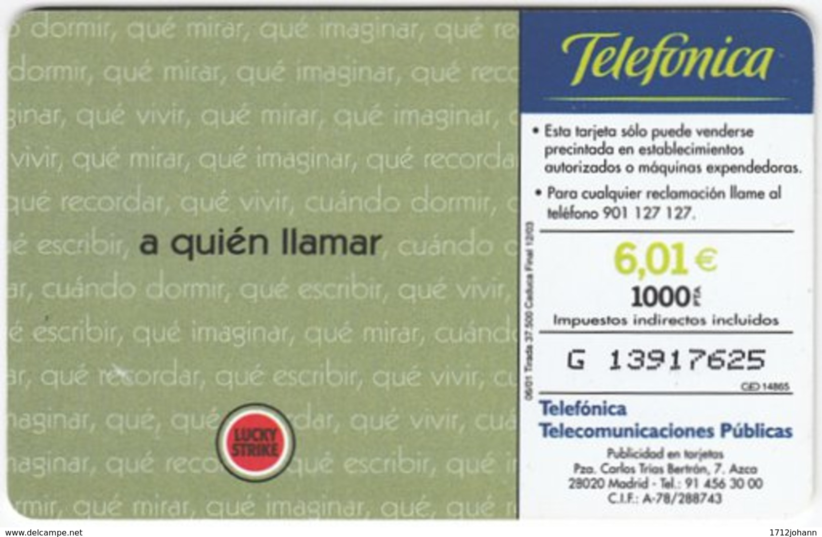 SPAIN B-478 Chip Telefonica - Advertising, Cigarettes, Lucky Strike - Used - Autres & Non Classés