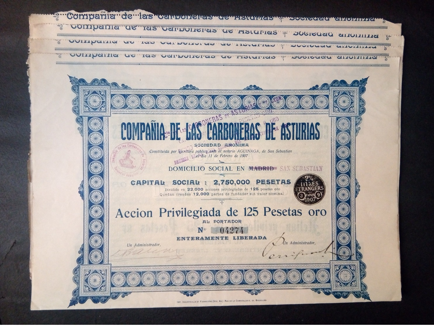 Lot 16 Compania LAS CARBONERAS-ASTURIAS San Sebastian 1907 + Coupons - Andere & Zonder Classificatie