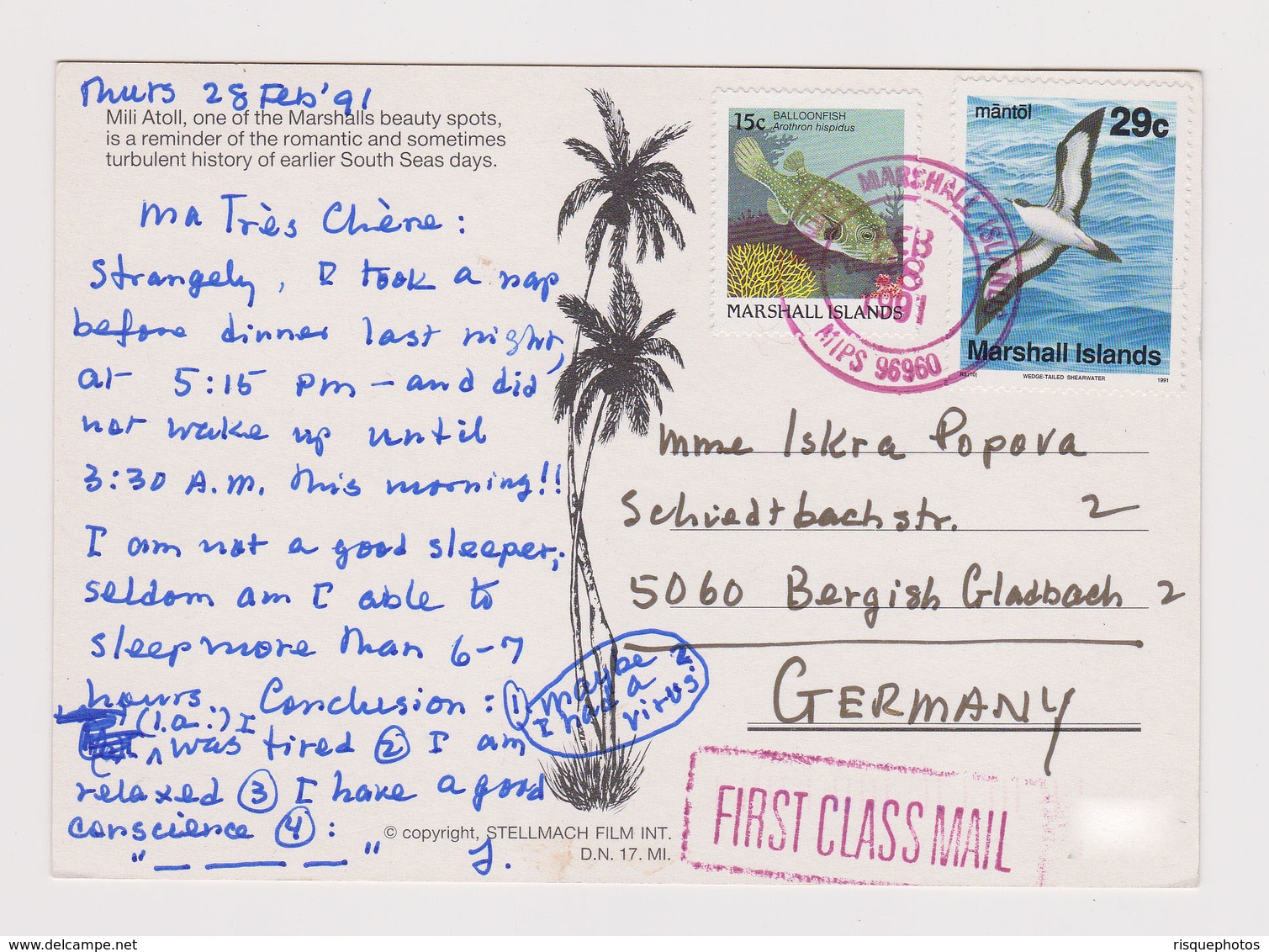 #49872 MARSHALL ISLANDS RPPc 1990s W/Nice BIRD And FISH Stamps Airmail Sent To Germany - Marshalleilanden