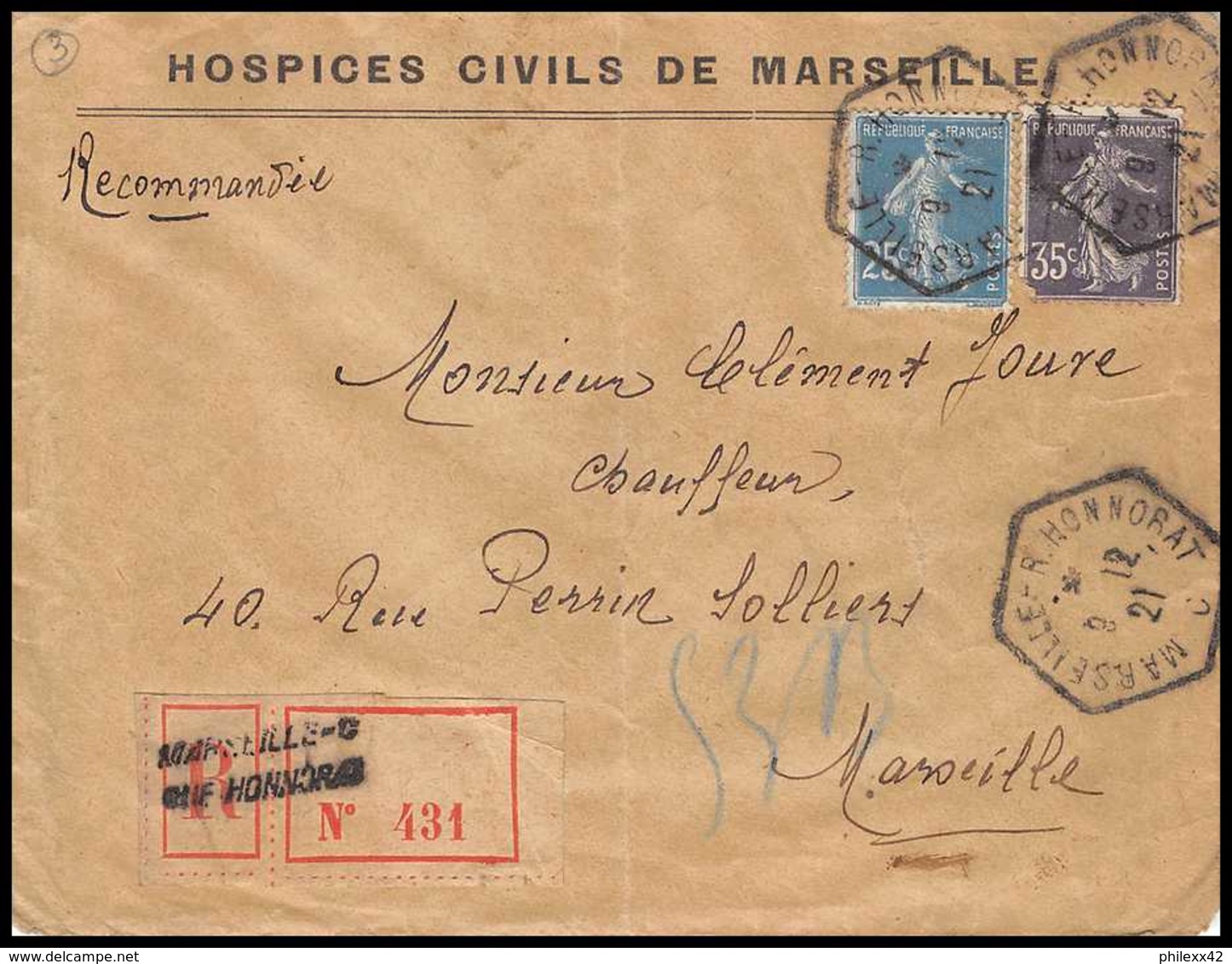 3754 Recommandé Lettre Bouches Du Rhone Entete Hospices Civils N°140 + 142 Semeuse Marseille C Honnorat 1921 - 1877-1920: Semi Modern Period