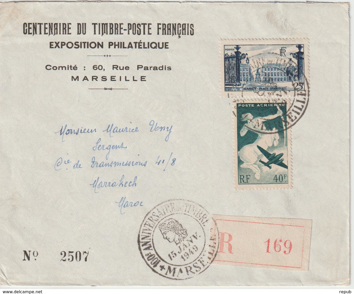 France Centenaire Du Timbre Poste 1949 Marseille Lettre Recommandée Pour Le Maroc - Commemorative Postmarks