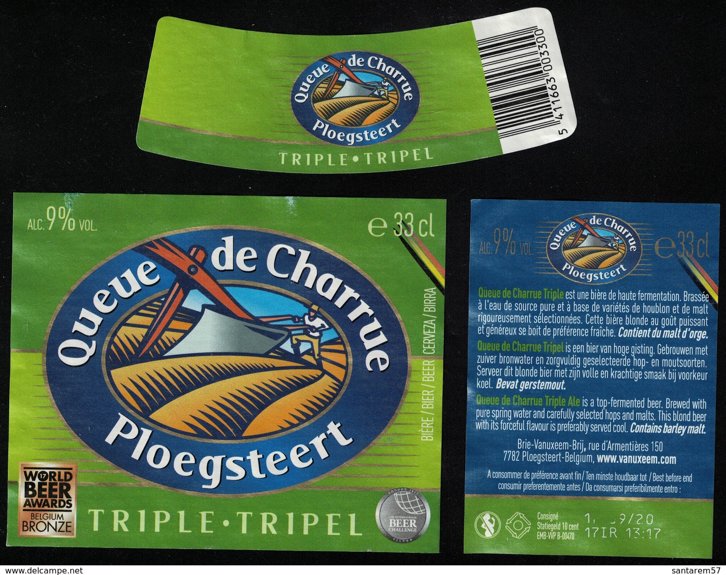 Belgique Lot 3 Étiquettes Bière Beer Labels Queue De Charrue Triple - Beer