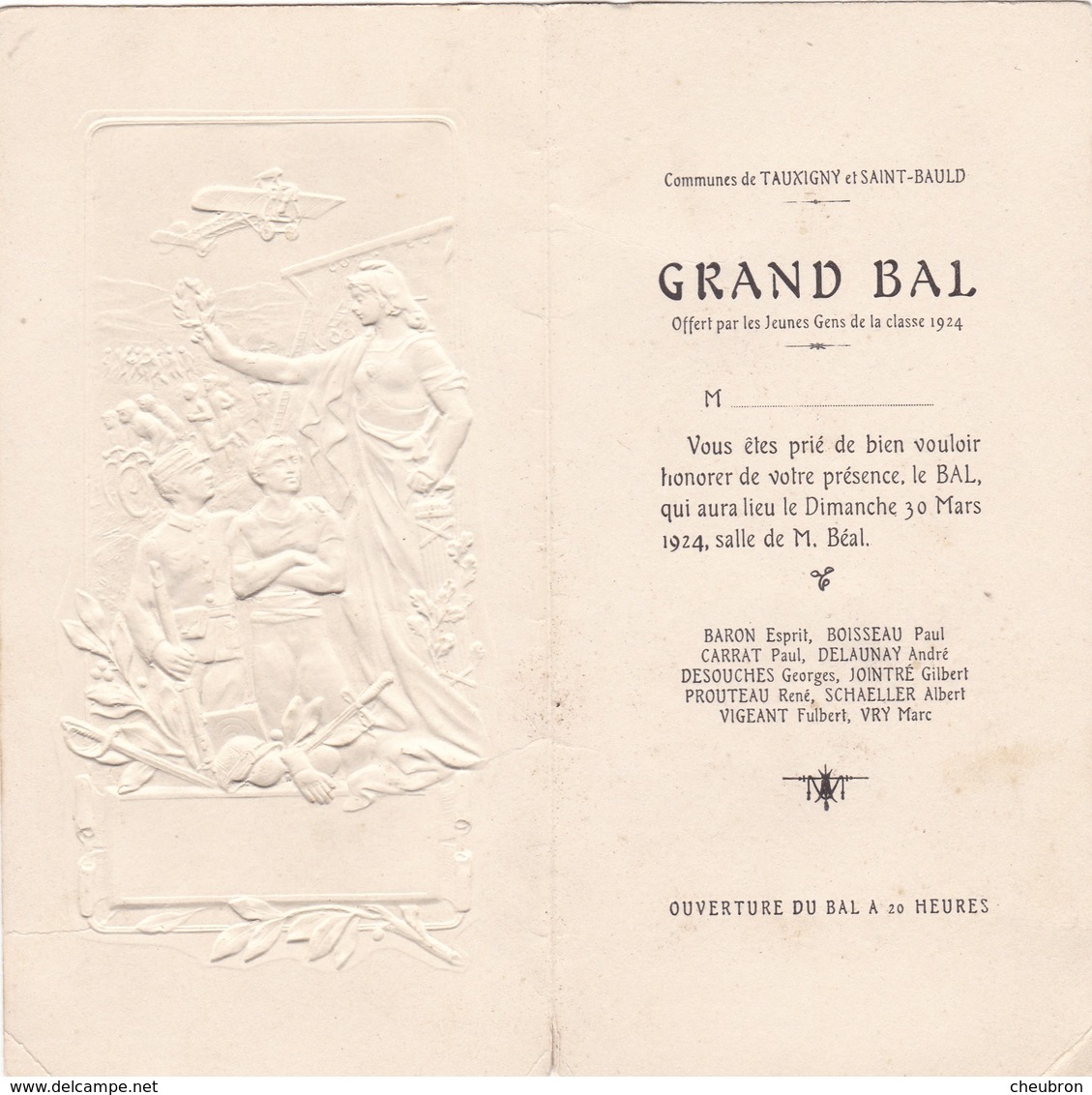 37.TAUXIGNY ET SAINT BAULD .CARTON D'INVITATION GAUFRE. GRAND BAL DE LA CLASSE 1924 - Non Classés