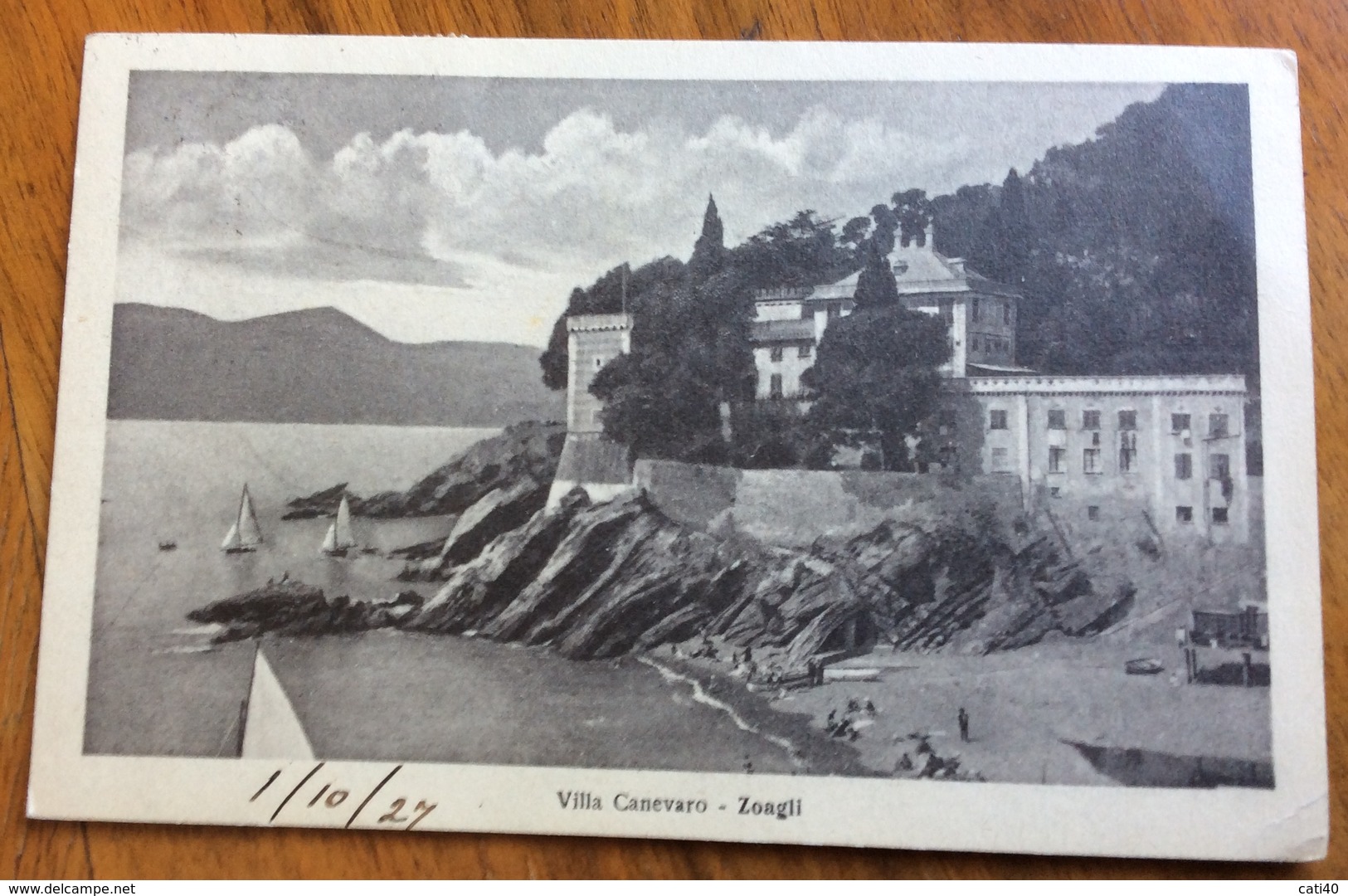 ZOAGLI VILLA CANEVARO CON SPIAGGIA E BARCHE A VELA  CARTOLINA CON AMBULANTE  SPEZIA - GENOVA ( 14 )  3/10/27 - Storia Postale