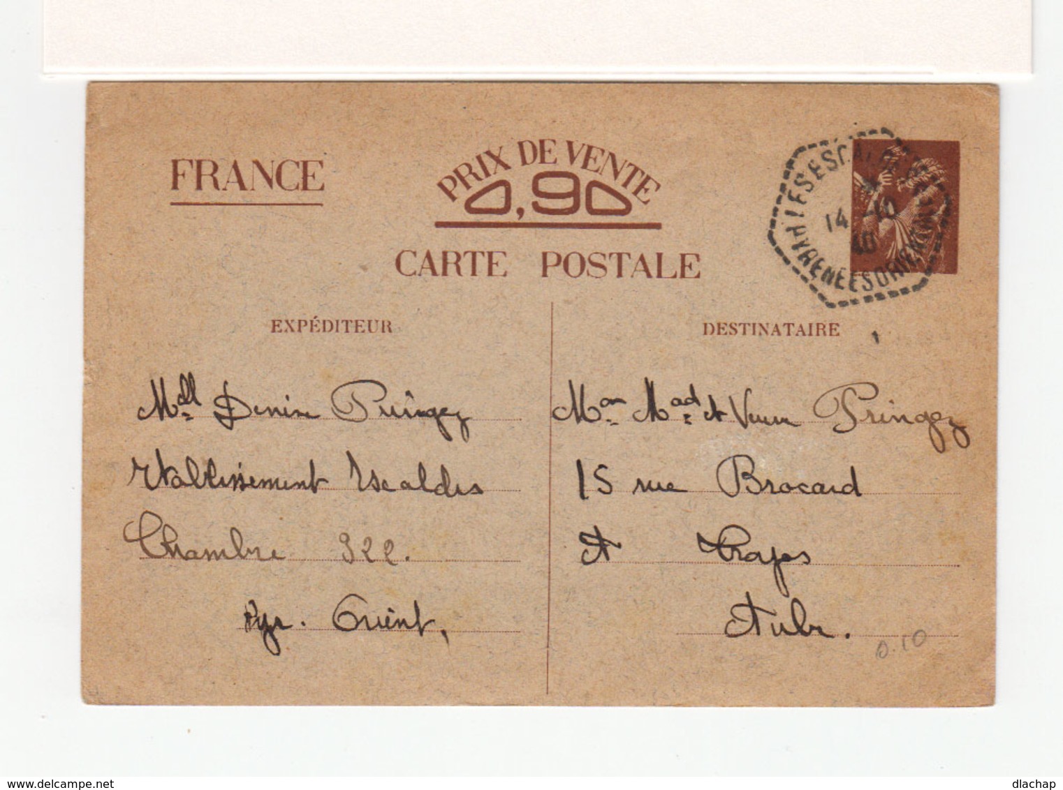 Carte Entier Postal Type Iris Correspondance Familiale 1940. CAD Hexagonal Escaldes Pyr. Orientales. (2423x) - WW II