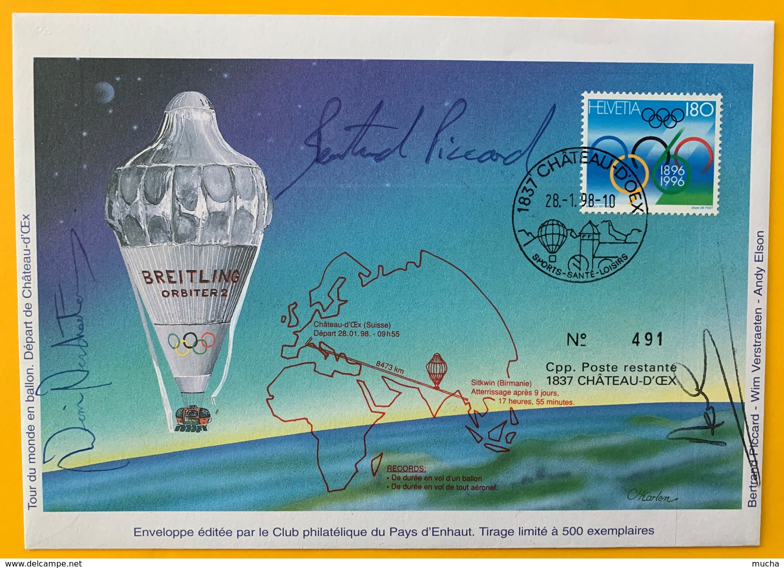 8807 - Rare Breitling Orbiter 2  28.1.1998 Bertrand Piccard, Wim Verstraeten- Andy Elson 3 Signatures Autogrographes - Fesselballons