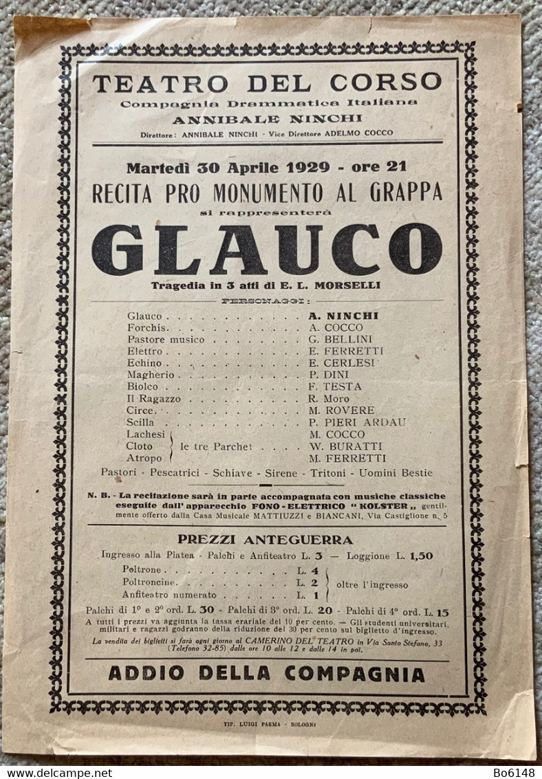 1929 - LOCANDINA Teatro Del Corso Bologna “ Glauco “ Compagnia Annibale Ninchi - Manifesti