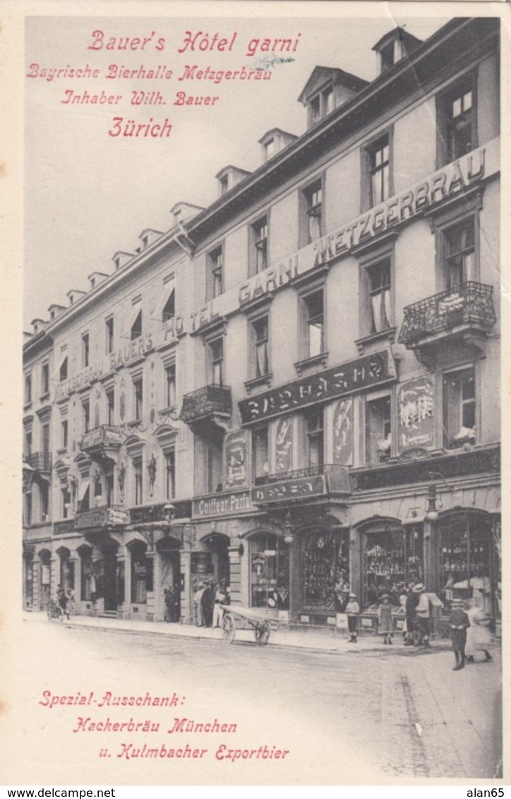 Zurich Switzerland, F.J Koest Monument, Street Car, Bahnhofplatz, Bauer's Hotel, C1900s Vintage Advertisement Card - Tourism Brochures