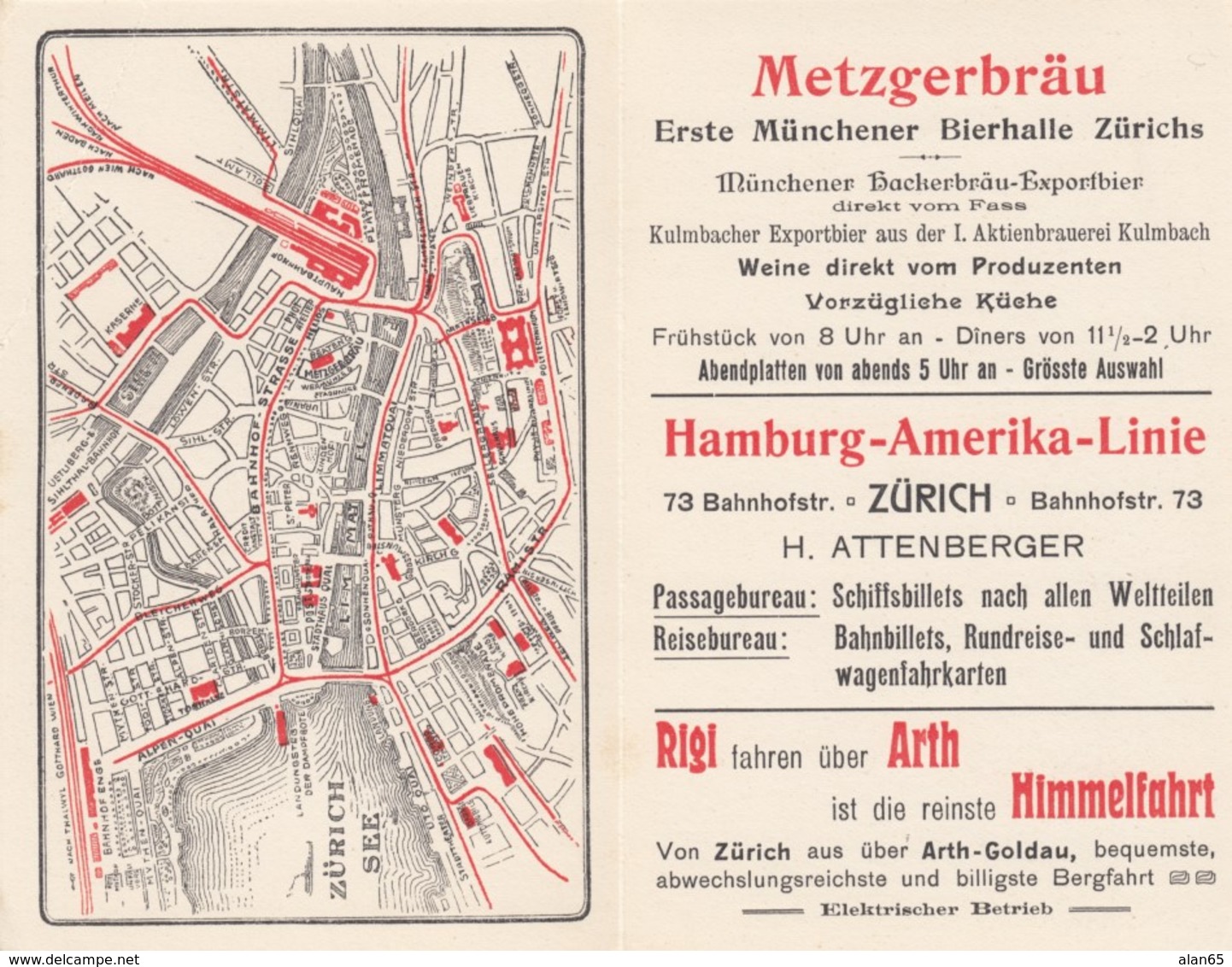 Zurich Switzerland, F.J Koest Monument, Street Car, Bahnhofplatz, Bauer's Hotel, C1900s Vintage Advertisement Card - Tourism Brochures