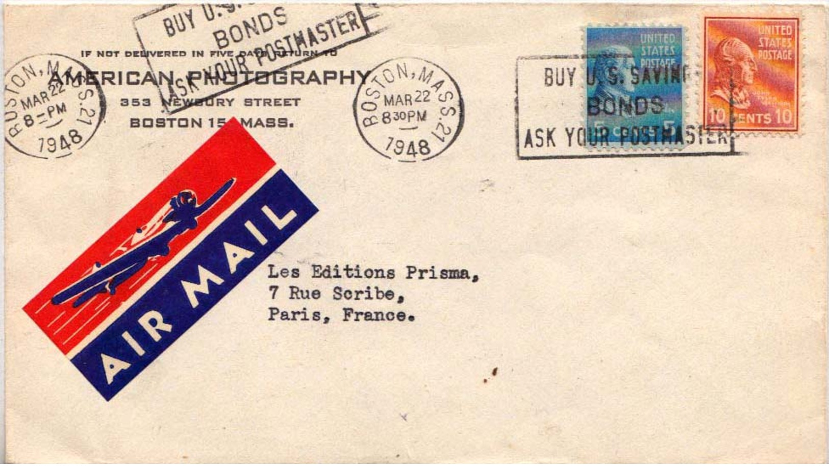 5c Monroe And 10c Tyler Prexie 1948 Boston, Mass. Airmail To Paris, France.  Corner Card American Photography. - Briefe U. Dokumente