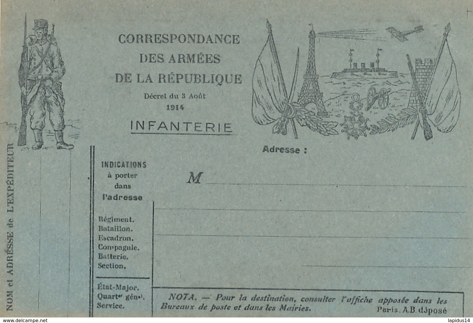 FM 53  / FRANCHISE MILITAIRE  CORRESPONDANCE DES ARMEES DE LA REPUBLIQUE  INFANTERIE  1914 - Timbres De Franchise Militaire