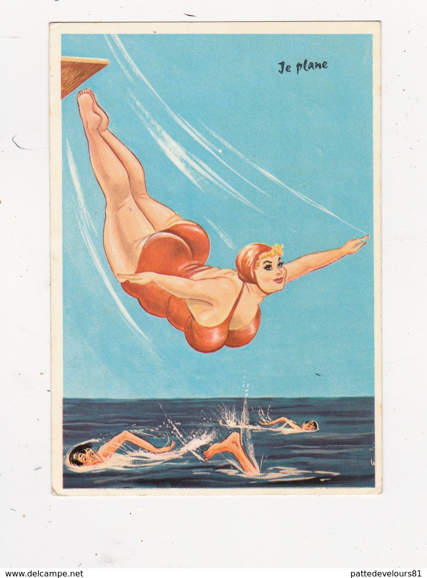 CPSM Femme Grosse Femme Ronde Baigneuse Plongeon "Je Plane" Bain Bath Illustrateur L. CARRIERE N° 50334 (2 Scans) - Carrière, Louis