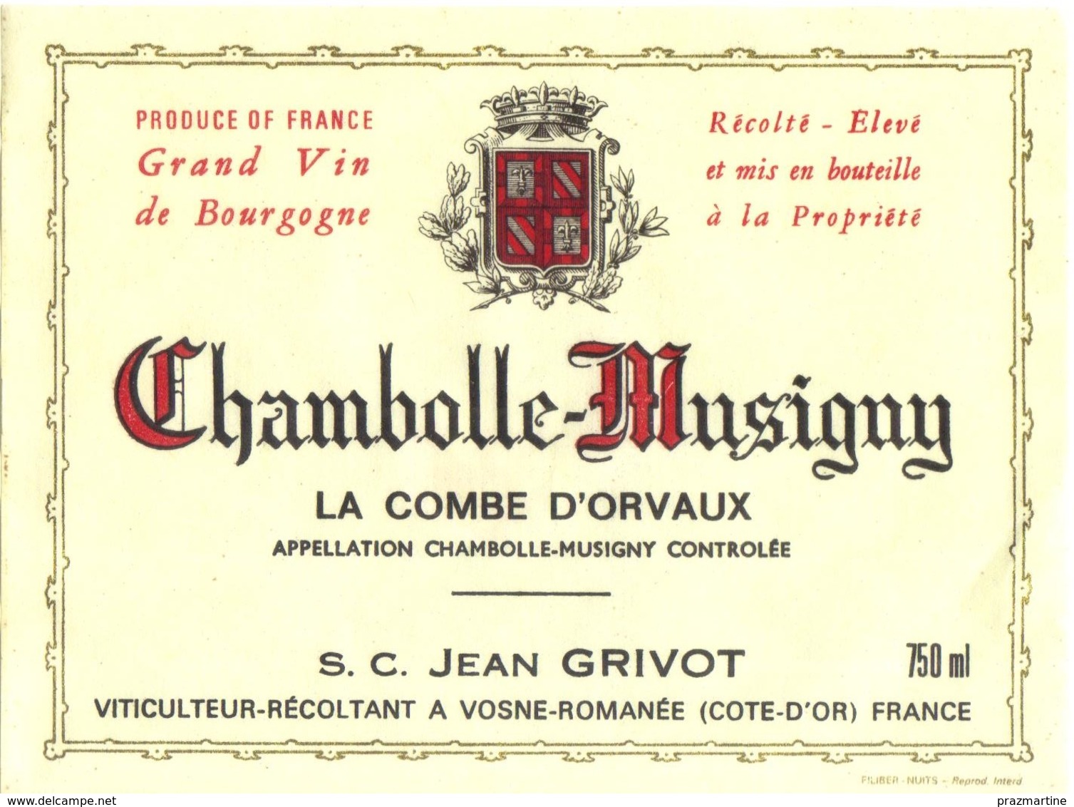 Etiquette Chambolle Musigny La Combe D'Orvaux - Grivot Jean - Vosne Romanée - Cote D'Or - 21 - Bourgogne