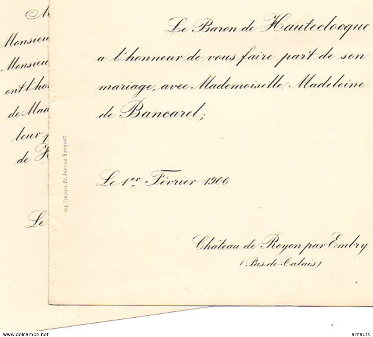 Mariage 1906 De Bancard & Baron De Hauteclocque Château De Royon Embry Hyars Flavin Aveyron Hébrard De Saint Sulpice - Mariage