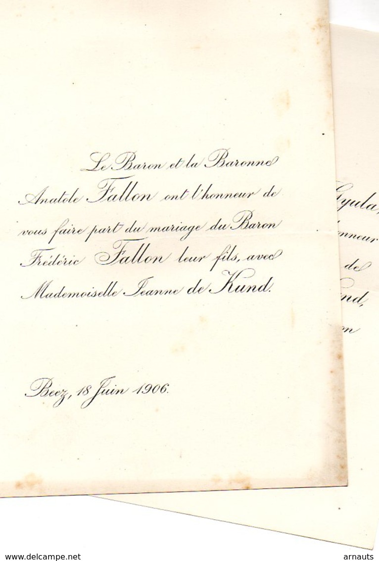 Mariage 1906 Jeanne De Kund & Frédéric Fallon Beez De Gaal De Gyula Somogy-Faisz Hongrie - Mariage