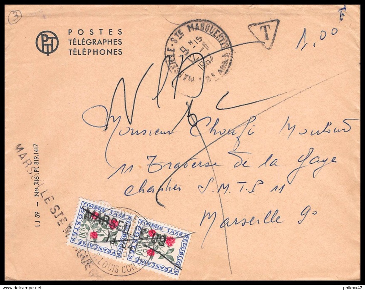 7708 Lettre Cover Bouches Du Rhone Taxé Marseille Griffe Sainte Marguerite 1967 - 1859-1959 Lettres & Documents